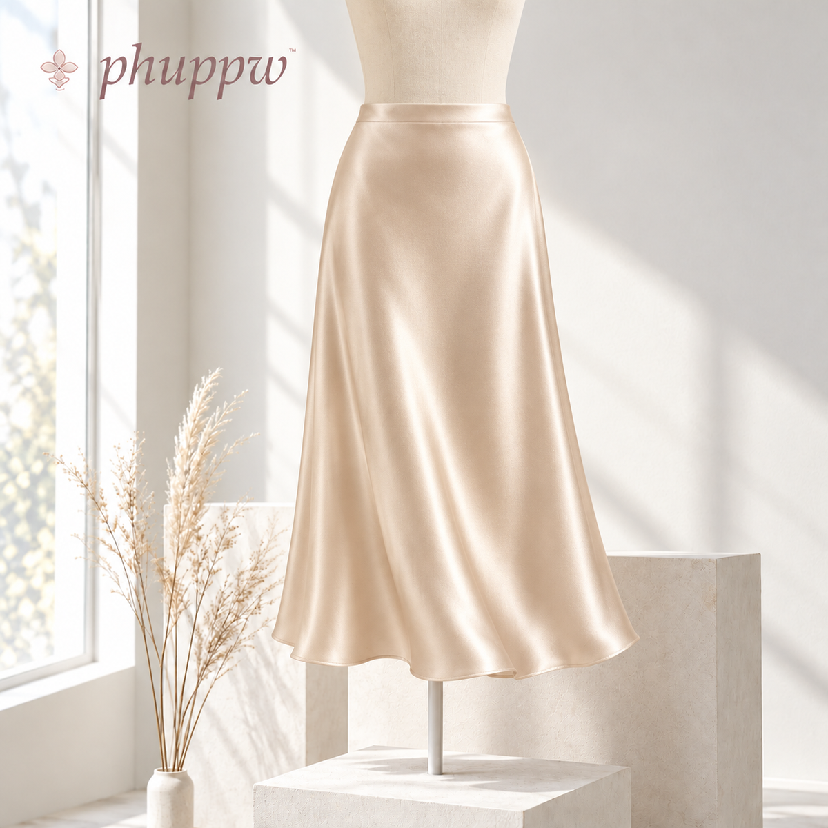phuppw™ Camille Bias-Cut Satin Midi Skirt
