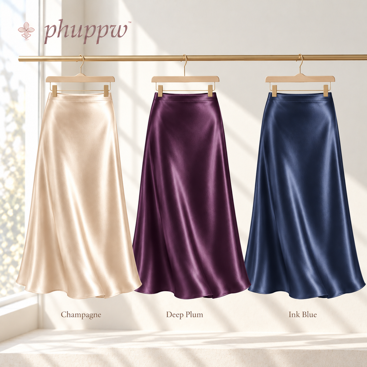 phuppw™ Camille Bias-Cut Satin Midi Skirt