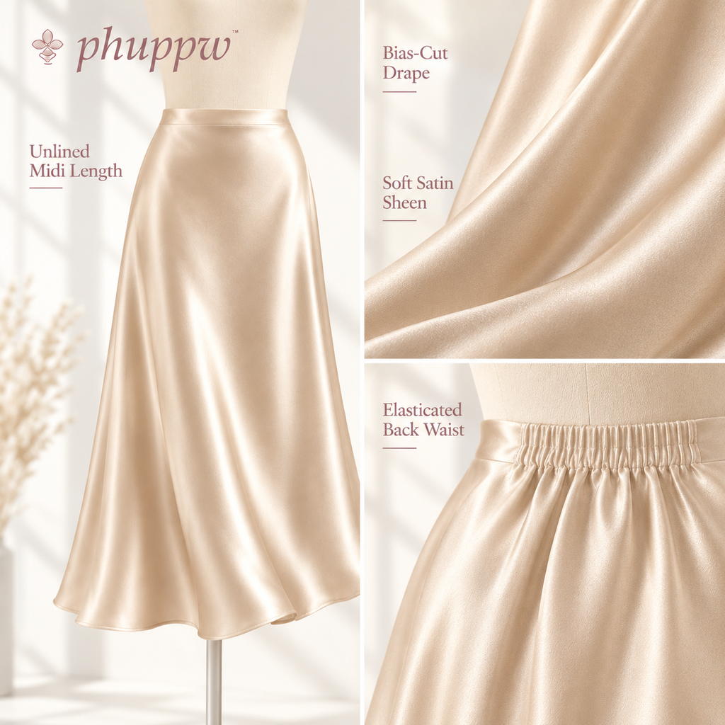 phuppw™ Camille Bias-Cut Satin Midi Skirt
