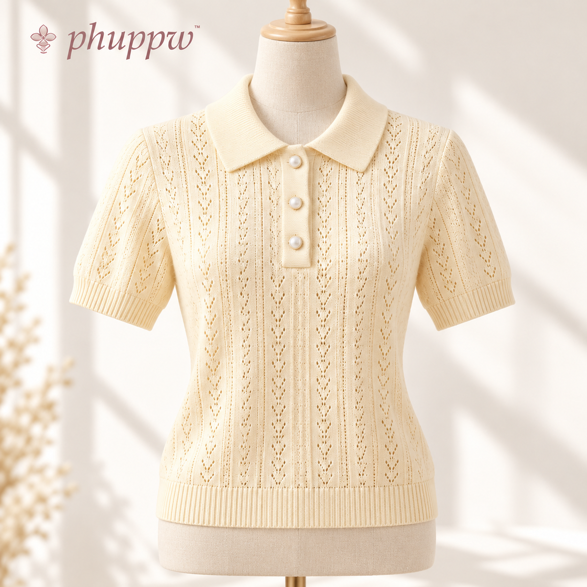 phuppw™ Willa Pointelle Knit Polo Sweater