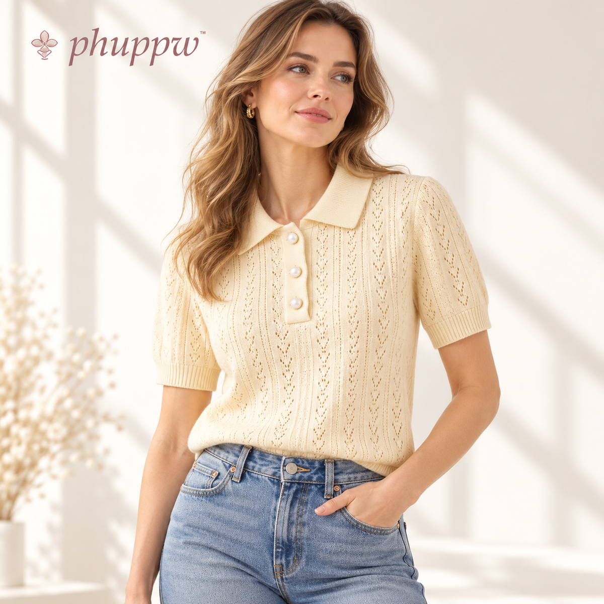 phuppw™ Willa Pointelle Knit Polo Sweater