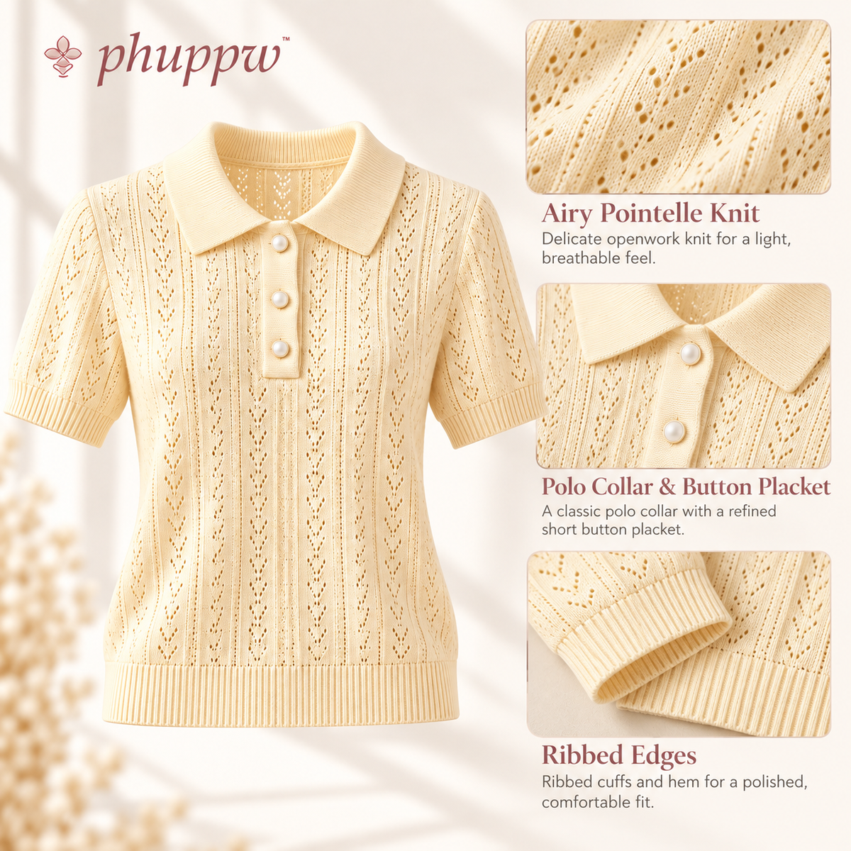 phuppw™ Willa Pointelle Knit Polo Sweater